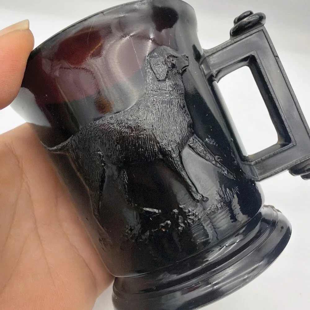 Antique EAPG Black Amethyst Glass Child's Mug Stein Embossed Dog Retriever